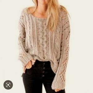 Free People, Maribel Sweater, Cable Knit, wool-like,Medium, Fawn,Taupe